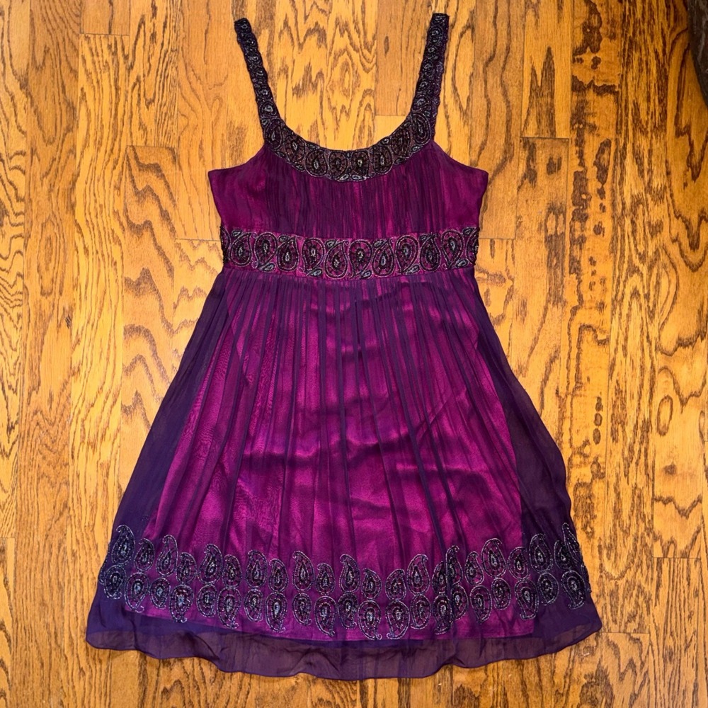 Y2K Nightway Silk Beaded Dress 12 Plum Purple Iridescent Empire Waist Fairy Prom